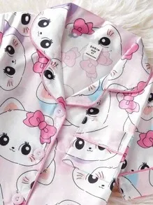 2pcs Young Girl Sweet Cute Cat Print Short Sleeve Shirt And Shorts Pajamas Set, Home Outfit
