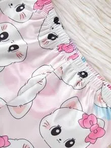 2pcs Young Girl Sweet Cute Cat Print Short Sleeve Shirt And Shorts Pajamas Set, Home Outfit