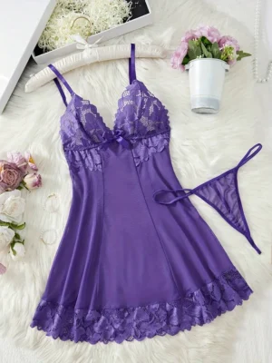 2pcs Women Sexy Solid Color Lace Sleepwear Set, V-Neck Backless Slip Dress, G-String, Comfortable Nightgown