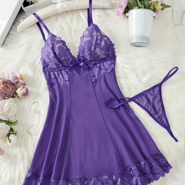 2pcs Women Sexy Solid Color Lace Sleepwear Set, V-Neck Backless Slip Dress, G-String, Comfortable Nightgown