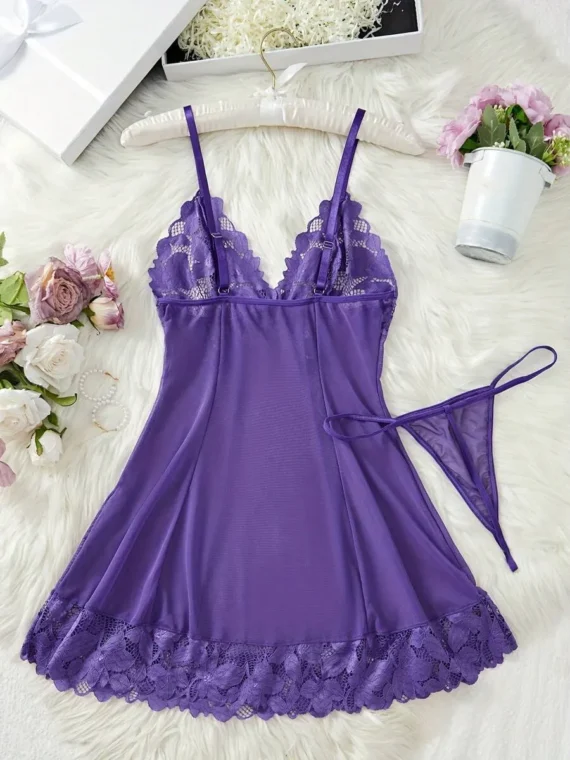 2pcs Women Sexy Solid Color Lace Sleepwear Set, V-Neck Backless Slip Dress, G-String, Comfortable Nightgown