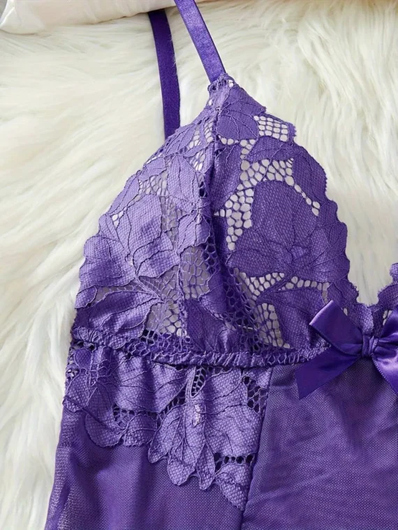 2pcs Women Sexy Solid Color Lace Sleepwear Set, V-Neck Backless Slip Dress, G-String, Comfortable Nightgown