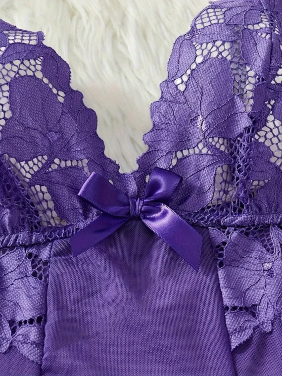 2pcs Women Sexy Solid Color Lace Sleepwear Set, V-Neck Backless Slip Dress, G-String, Comfortable Nightgown