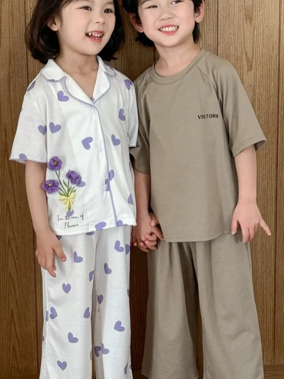 Zikori Zikori Young Boy Minimalist Parent-Child Graphic Print Round Neck Short Sleeve Top And Pants Casual Loungewear 2 Pieces Set