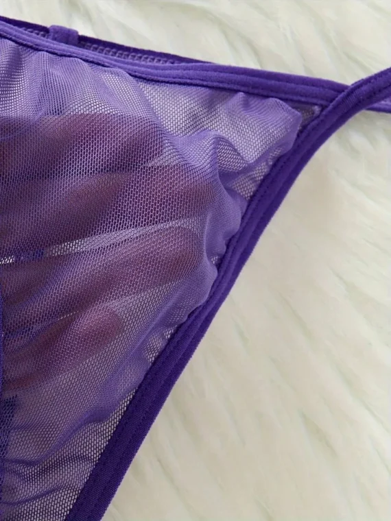 2pcs Women Sexy Solid Color Lace Sleepwear Set, V-Neck Backless Slip Dress, G-String, Comfortable Nightgown