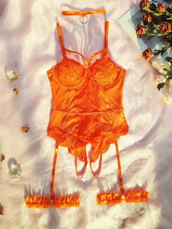 SHEIN Seduluxe 4pcs/Set Sexy Women's Lace Mesh Bodysuits With Underwire [Jumpsuit+Neck Choker+2 Leg Garters]