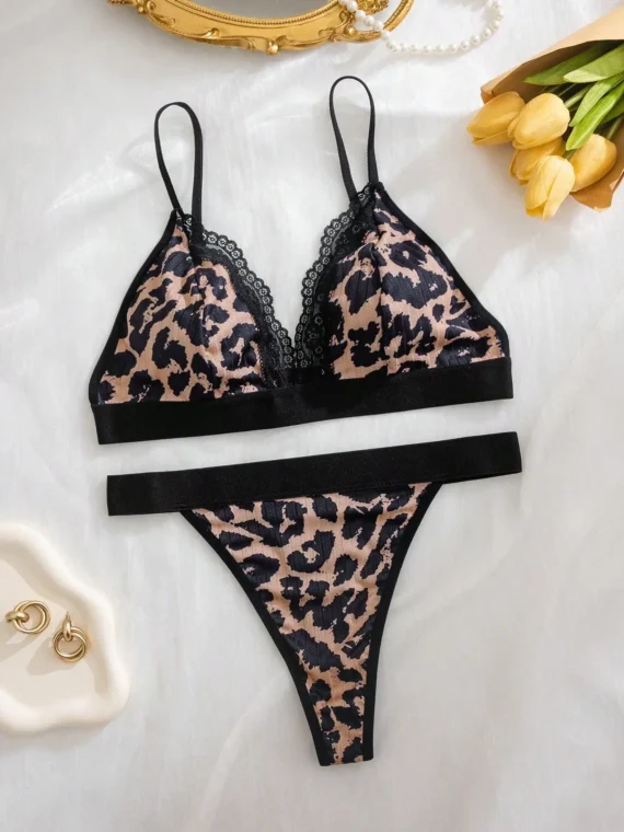 2pcs/Set Women Leopard Print & Striped Comfy Casual Lingerie Bra & Panty Set Two Pieces Set Women 2 Pieces Set