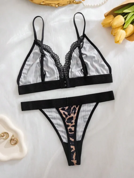 2pcs/Set Women Leopard Print & Striped Comfy Casual Lingerie Bra & Panty Set Two Pieces Set Women 2 Pieces Set