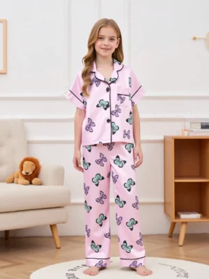 Tween Girl Pink Butterfly Print Cami Pj Set For Home Holiday Traval Releax Summer Clothes