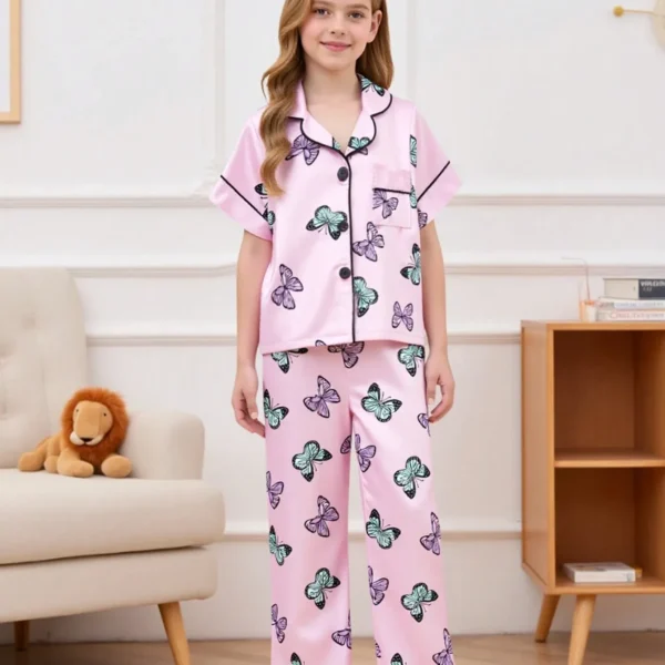 Tween Girl Pink Butterfly Print Cami Pj Set For Home Holiday Traval Releax Summer Clothes