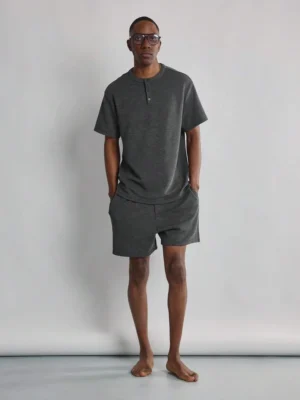 SUMWON Cozy Textured Henley Short Set Loungewear Two Piece Athletic Leisure Wear Autumn Spring Summer Comfort Home Essentials