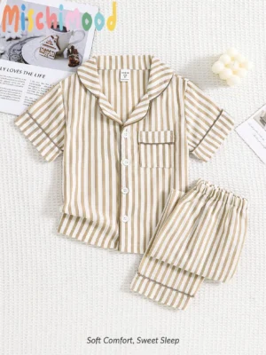 2pcs/Set Young Boy Striped Short Sleeve Cardigan And Casual Long Pants Homewear Set