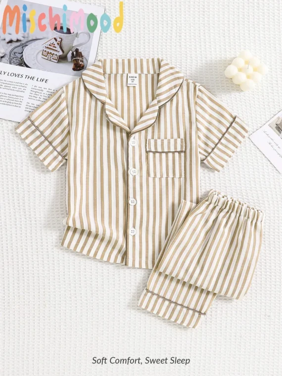 2pcs/Set Young Boy Striped Short Sleeve Cardigan And Casual Long Pants Homewear Set