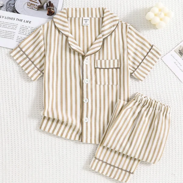 2pcs/Set Young Boy Striped Short Sleeve Cardigan And Casual Long Pants Homewear Set