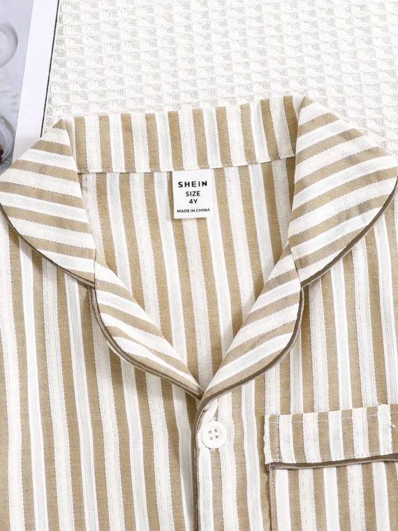 2pcs/Set Young Boy Striped Short Sleeve Cardigan And Casual Long Pants Homewear Set