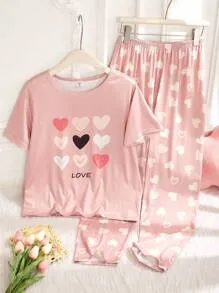 Tween Girls Navy Blue Flamingo Print Casual 2pcs Set (Long Pants & Short Sleeve Top) Loungewear
