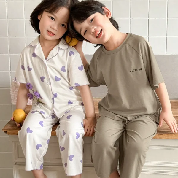 Zikori Zikori Young Boy Minimalist Parent-Child Graphic Print Round Neck Short Sleeve Top And Pants Casual Loungewear 2 Pieces Set