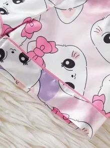 2pcs Young Girl Sweet Cute Cat Print Short Sleeve Shirt And Shorts Pajamas Set, Home Outfit