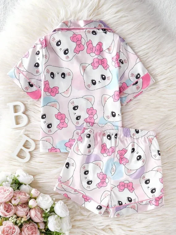 2pcs Young Girl Sweet Cute Cat Print Short Sleeve Shirt And Shorts Pajamas Set, Home Outfit