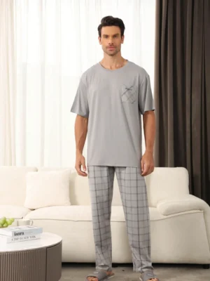 2pcs Men's Casual Pajama Set With Short Sleeve Shirt And Pants, Suitable For Lounging And Outdoor Wear, Spring/Summer