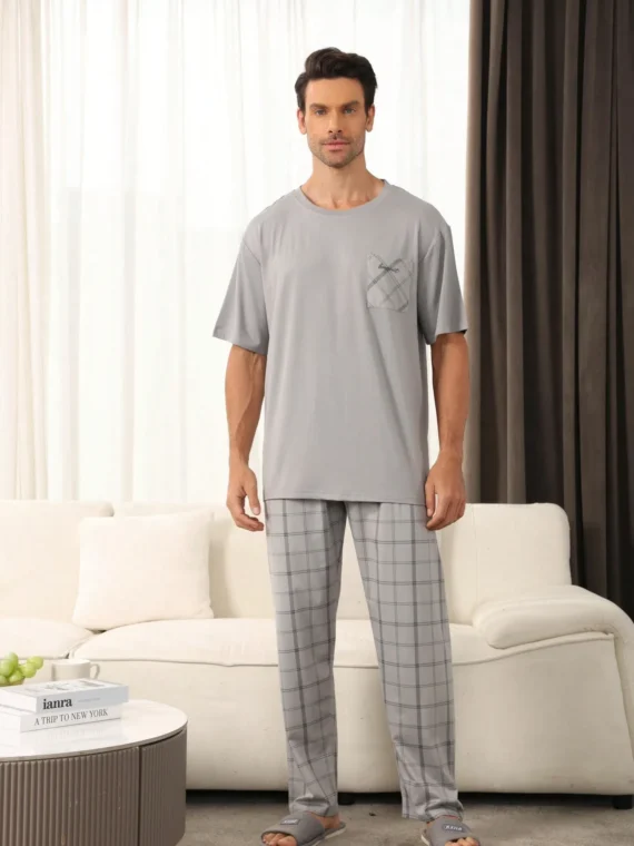 2pcs Men's Casual Pajama Set With Short Sleeve Shirt And Pants, Suitable For Lounging And Outdoor Wear, Spring/Summer