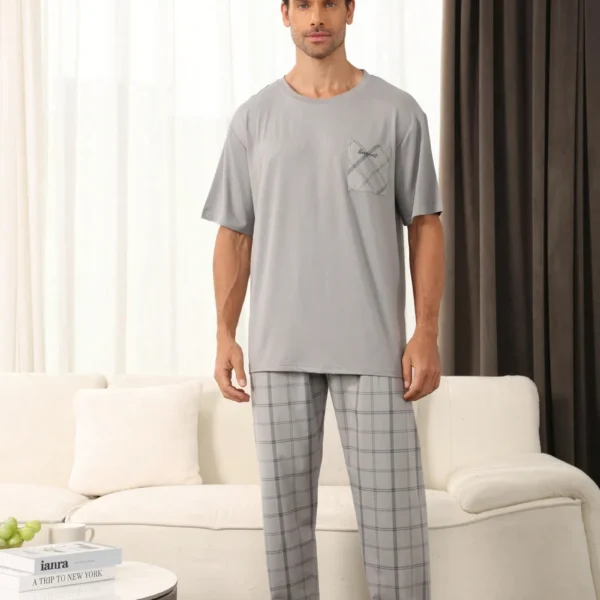 2pcs Men's Casual Pajama Set With Short Sleeve Shirt And Pants, Suitable For Lounging And Outdoor Wear, Spring/Summer
