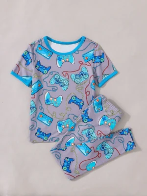 Young Boy Video Game Controller Pattern Short Sleeve T-Shirt And Pants Set, Snug Fit Home Clothes