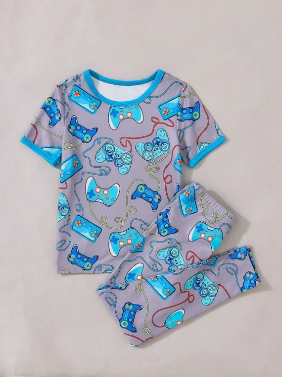 Young Boy Video Game Controller Pattern Short Sleeve T-Shirt And Pants Set, Snug Fit Home Clothes