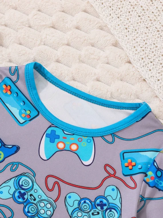 Young Boy Video Game Controller Pattern Short Sleeve T-Shirt And Pants Set, Snug Fit Home Clothes