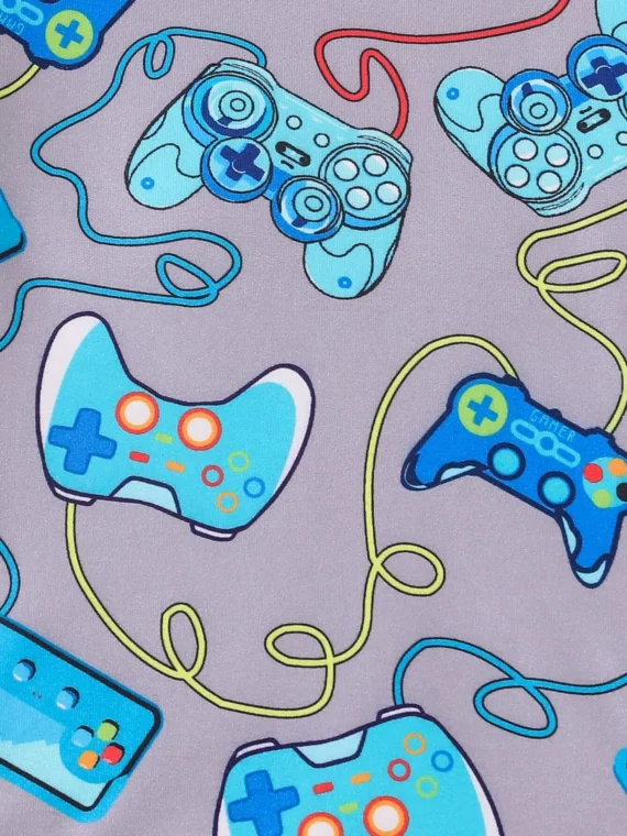 Young Boy Video Game Controller Pattern Short Sleeve T-Shirt And Pants Set, Snug Fit Home Clothes