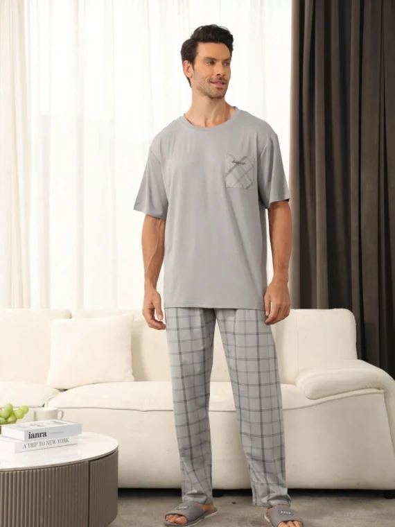 2pcs Men's Casual Pajama Set With Short Sleeve Shirt And Pants, Suitable For Lounging And Outdoor Wear, Spring/Summer