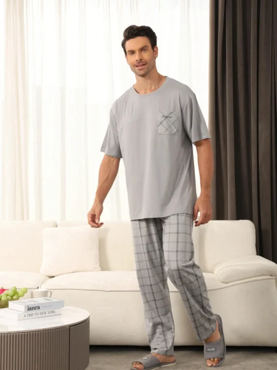 2pcs Men's Casual Pajama Set With Short Sleeve Shirt And Pants, Suitable For Lounging And Outdoor Wear, Spring/Summer