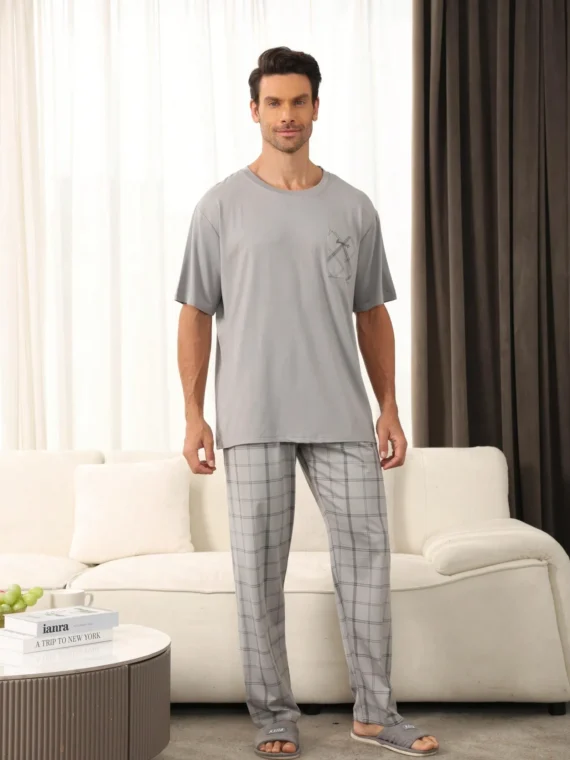 2pcs Men's Casual Pajama Set With Short Sleeve Shirt And Pants, Suitable For Lounging And Outdoor Wear, Spring/Summer