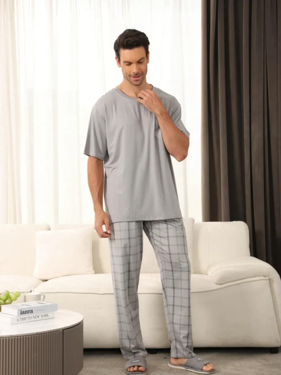 2pcs Men's Casual Pajama Set With Short Sleeve Shirt And Pants, Suitable For Lounging And Outdoor Wear, Spring/Summer
