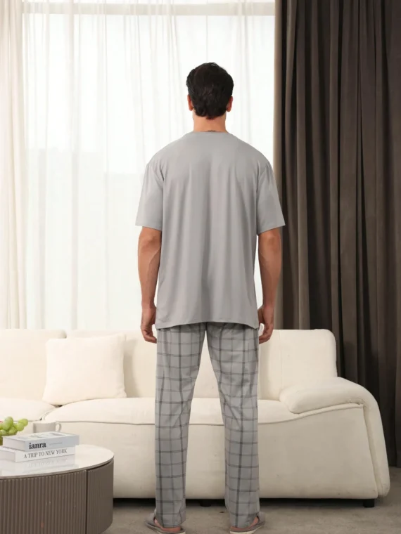 2pcs Men's Casual Pajama Set With Short Sleeve Shirt And Pants, Suitable For Lounging And Outdoor Wear, Spring/Summer