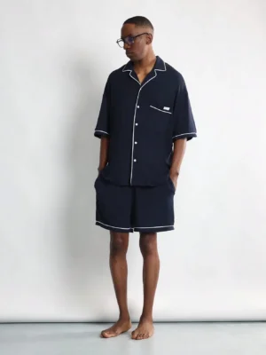 SUMWON Luxury Lounge Set Short Sleeve Button Up Pajama Set With Contrast Piping Weekend Sleepwear Nightwear Summer Spring Leisure Set