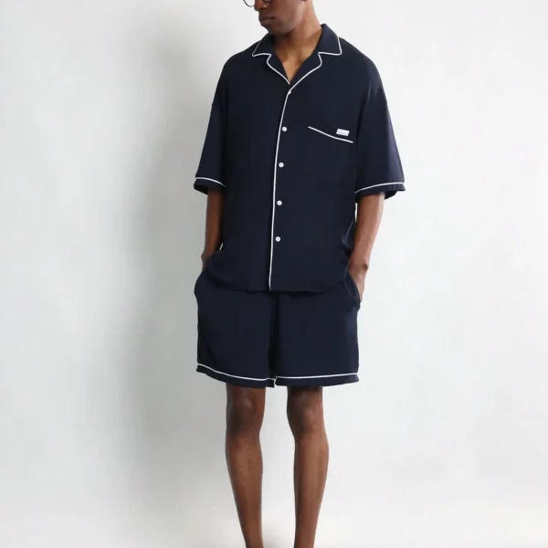 SUMWON Luxury Lounge Set Short Sleeve Button Up Pajama Set With Contrast Piping Weekend Sleepwear Nightwear Summer Spring Leisure Set