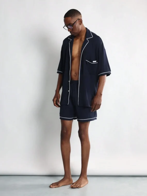 SUMWON Luxury Lounge Set Short Sleeve Button Up Pajama Set With Contrast Piping Weekend Sleepwear Nightwear Summer Spring Leisure Set