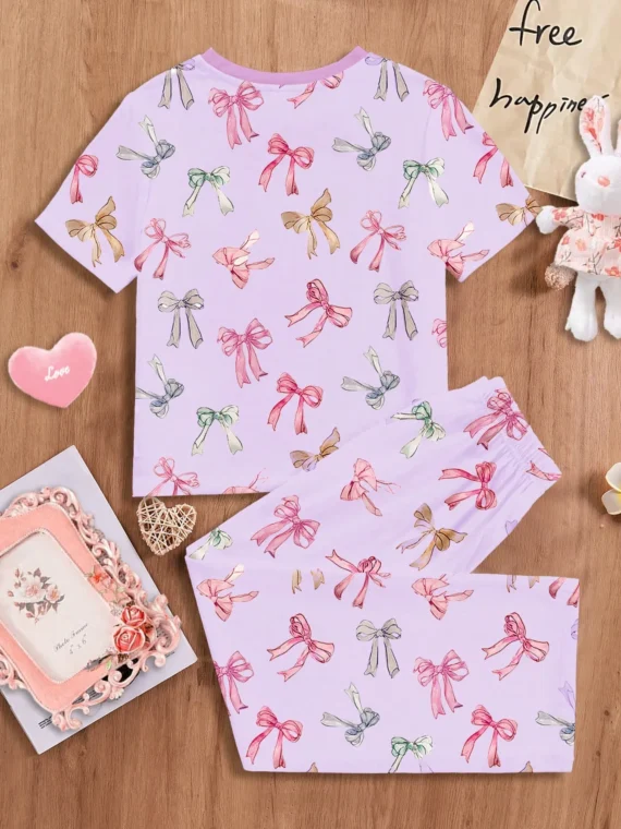 Pyjama décontracté basique ajusté à col rond et manches courtes pour jeunes filles, idéal pour l'été