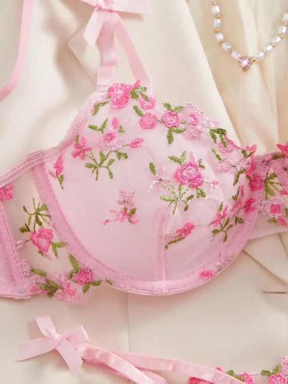 2pcs Women Sexy Lingerie Set, Pink Bra & Panty, Mesh Ditsy Floral Embroidery, Underwire Padded Cups, Sweet Romantic Intimate Apparel For Valentine's Day & Bedroom, Kawaii Ultrathin Bra