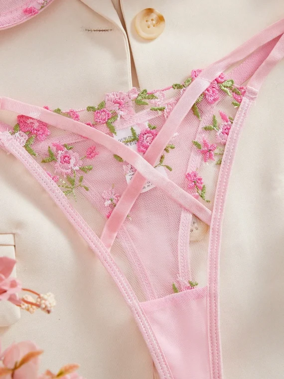 2pcs Women Sexy Lingerie Set, Pink Bra & Panty, Mesh Ditsy Floral Embroidery, Underwire Padded Cups, Sweet Romantic Intimate Apparel For Valentine's Day & Bedroom, Kawaii Ultrathin Bra