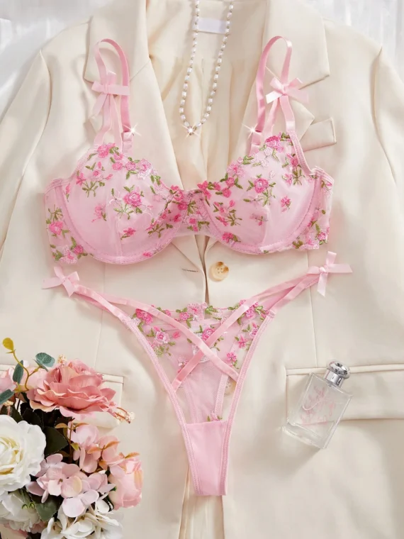 2pcs Women Sexy Lingerie Set, Pink Bra & Panty, Mesh Ditsy Floral Embroidery, Underwire Padded Cups, Sweet Romantic Intimate Apparel For Valentine's Day & Bedroom, Kawaii Ultrathin Bra