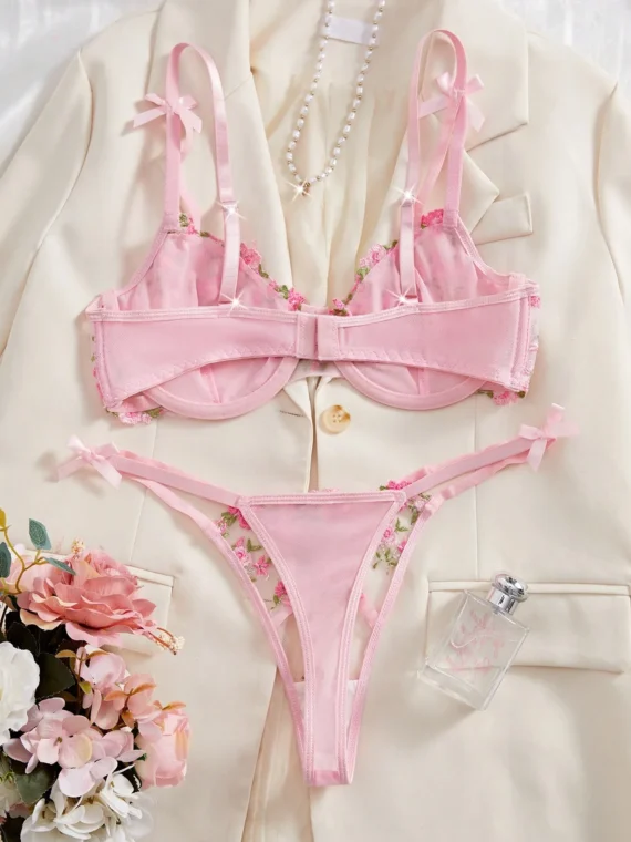 2pcs Women Sexy Lingerie Set, Pink Bra & Panty, Mesh Ditsy Floral Embroidery, Underwire Padded Cups, Sweet Romantic Intimate Apparel For Valentine's Day & Bedroom, Kawaii Ultrathin Bra