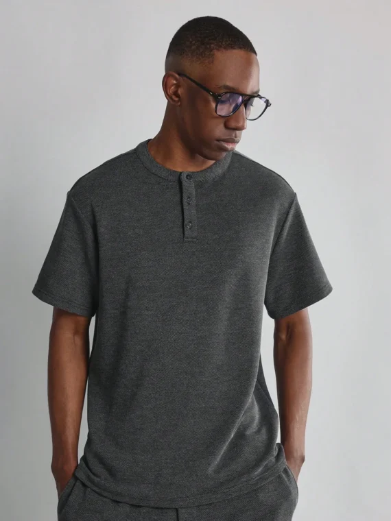 SUMWON Cozy Textured Henley Short Set Loungewear Two Piece Athletic Leisure Wear Autumn Spring Summer Comfort Home Essentials