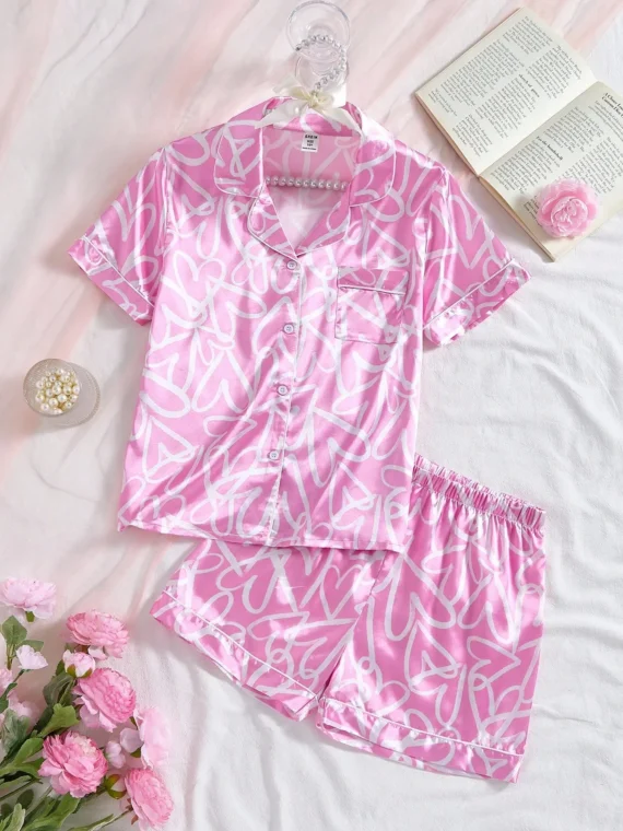 Tween GirlsSimple Fashion Pink Base Color Twill Heart Print Short Sleeve Shorts 2pcs Pajama Set Kids Girls Summer Outfits Kitty Sleepwear Set Kids Girls Summer Outfits Kitty Sleepwear Set