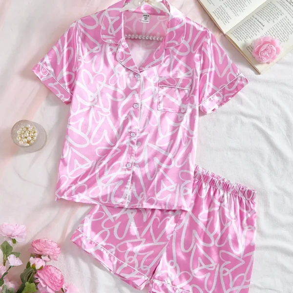 Tween GirlsSimple Fashion Pink Base Color Twill Heart Print Short Sleeve Shorts 2pcs Pajama Set Kids Girls Summer Outfits Kitty Sleepwear Set Kids Girls Summer Outfits Kitty Sleepwear Set