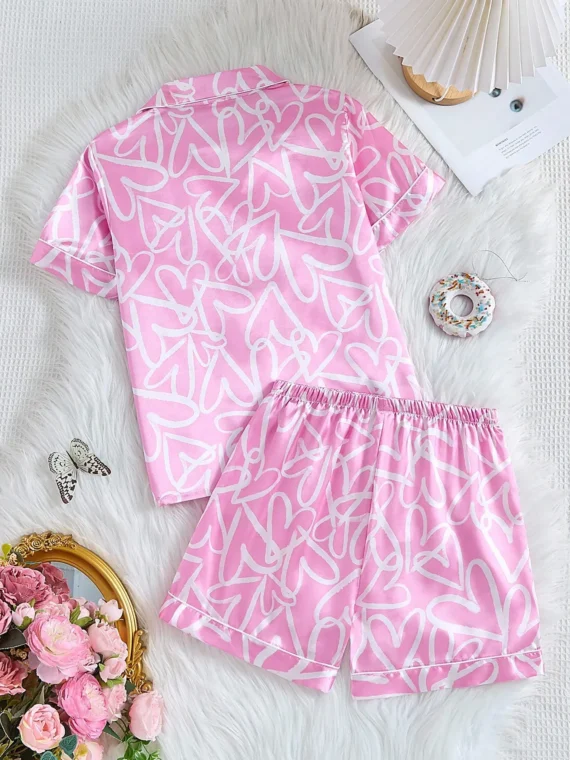 Tween GirlsSimple Fashion Pink Base Color Twill Heart Print Short Sleeve Shorts 2pcs Pajama Set Kids Girls Summer Outfits Kitty Sleepwear Set Kids Girls Summer Outfits Kitty Sleepwear Set