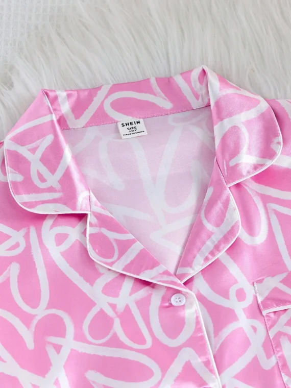 Tween GirlsSimple Fashion Pink Base Color Twill Heart Print Short Sleeve Shorts 2pcs Pajama Set Kids Girls Summer Outfits Kitty Sleepwear Set Kids Girls Summer Outfits Kitty Sleepwear Set