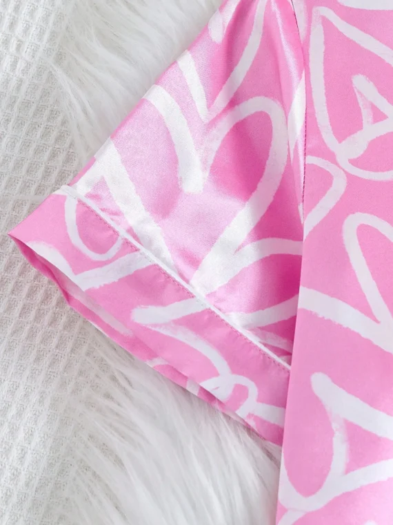 Tween GirlsSimple Fashion Pink Base Color Twill Heart Print Short Sleeve Shorts 2pcs Pajama Set Kids Girls Summer Outfits Kitty Sleepwear Set Kids Girls Summer Outfits Kitty Sleepwear Set