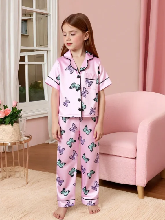 Young Girl Butterfly Print Contrast Piping PJ Set
